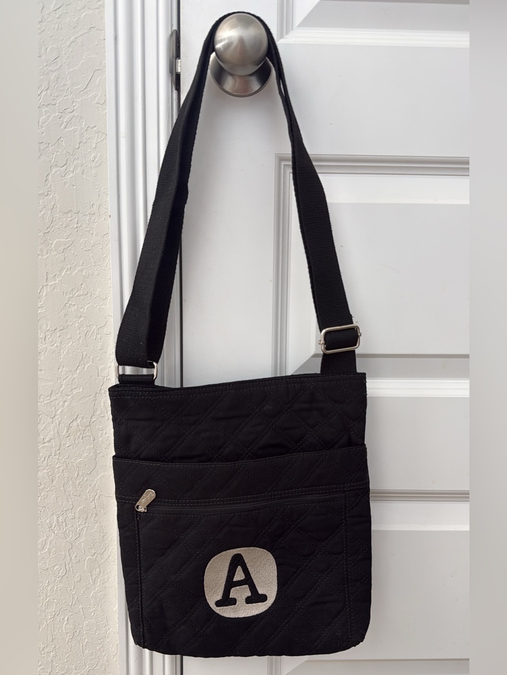Thirty-One Black Quilted Crossbody Bag with 'A' Initial